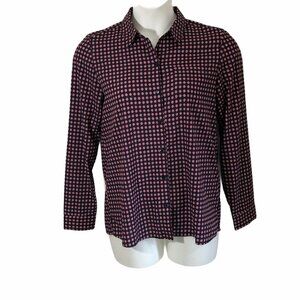 Tommy Hilfiger Shirt Top Womens 10 Floral Button Up Navy Blue Red Long Sleeve